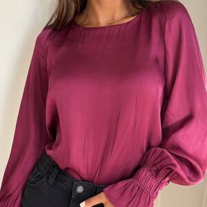 Banana Republic Satin Long-Sleeve Blouse in Berry Plum